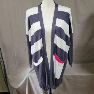 a+ro medium blue white striped with pink strip pocket long open front cardigan